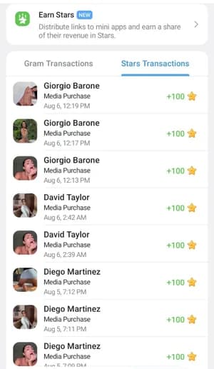 Telegram Stars transactions list for media purchases