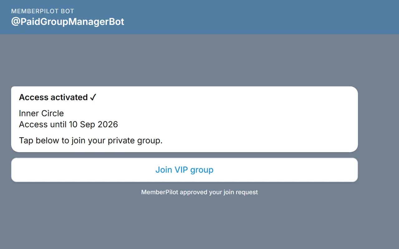 Telegram message showing Access activated and a Join VIP group button
