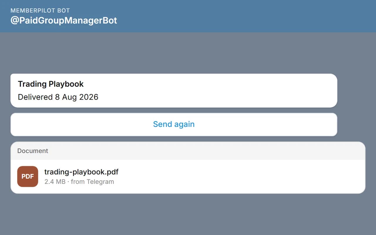 MemberPilot bot delivering a purchased digital product from Telegram