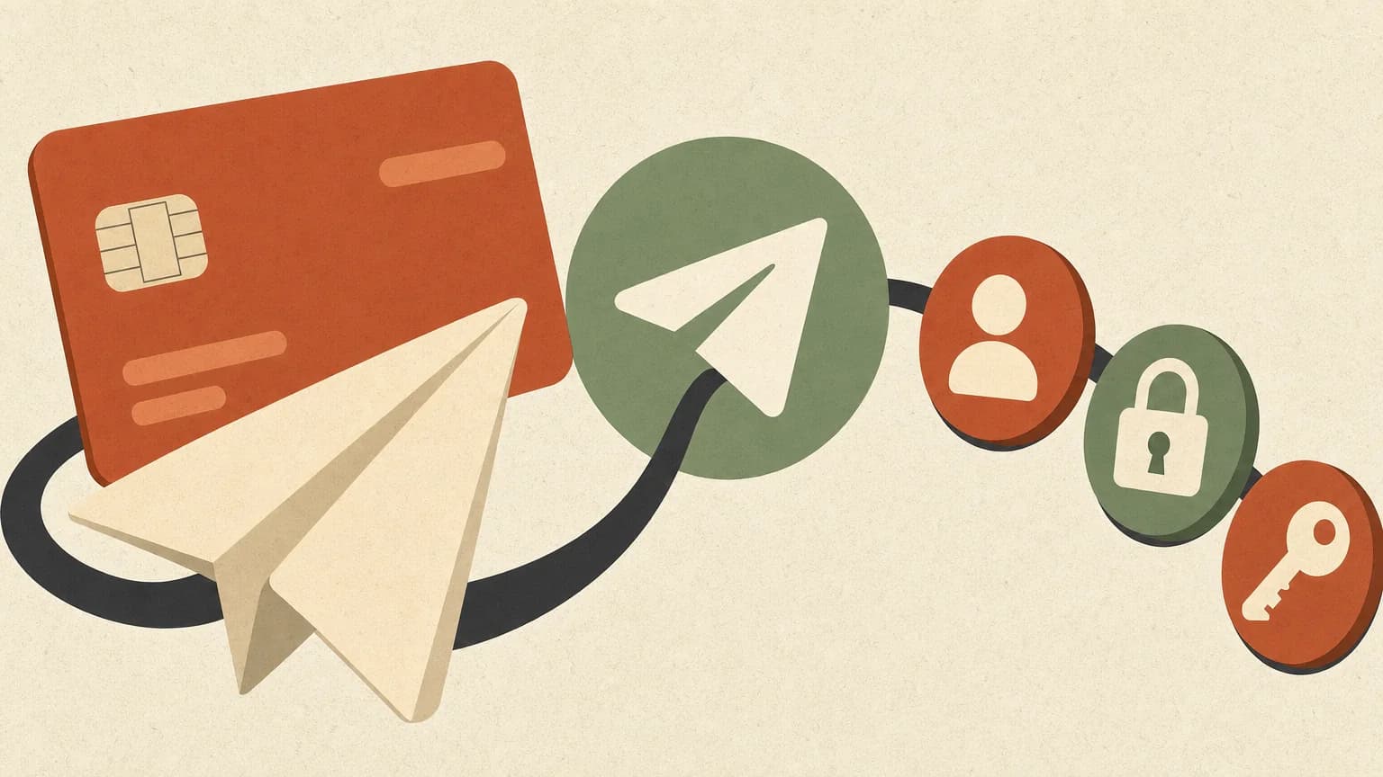 Editorial illustration of a card payment connecting through Telegram to member access
