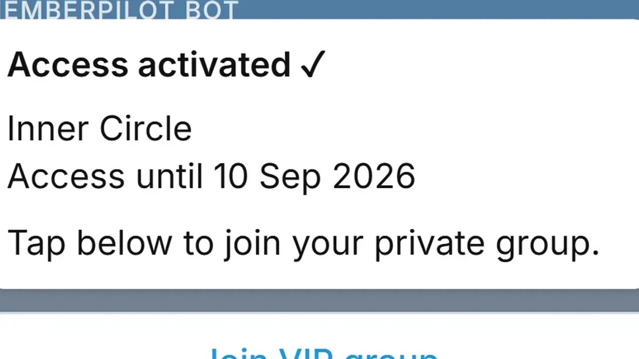 Telegram membership bot confirming access after a successful payment