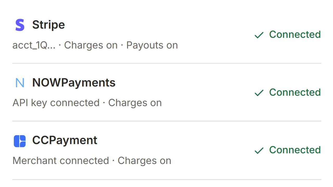 Payment accounts screen for connecting Stripe and optional crypto
