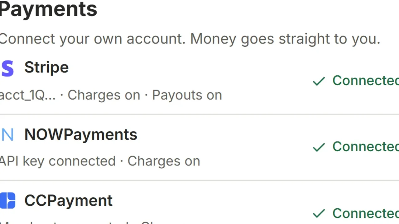 Payments screen with Stripe connected, charges on and payouts on