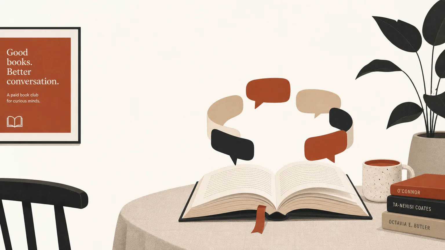 Illustration of a hardcover book opening into a private Telegram discussion circle