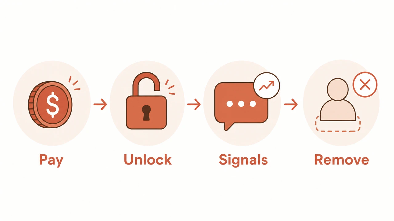 Diagram showing payment unlocking a private trading signals chat and kicking expired access