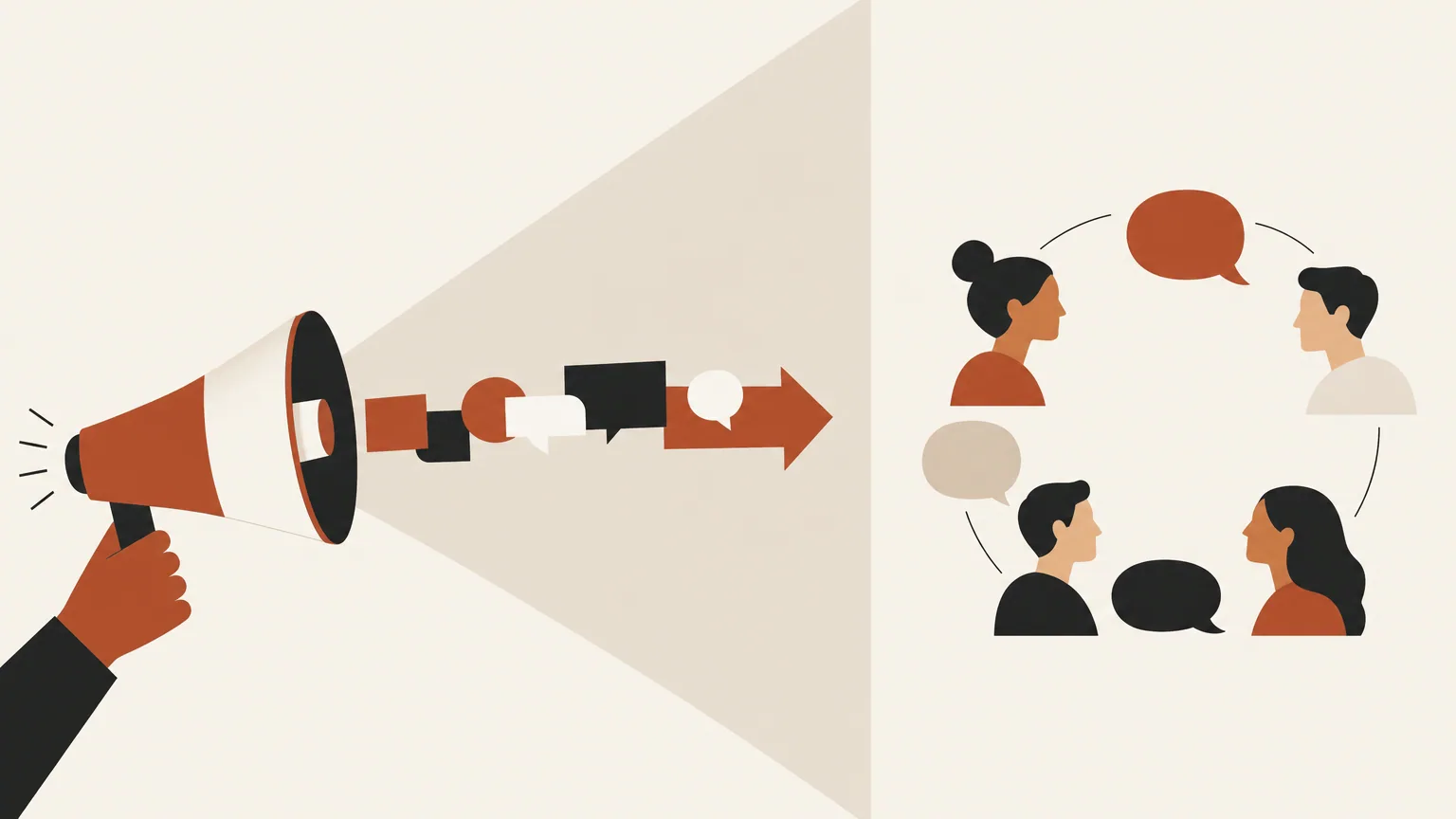 Illustration comparing a one-way broadcast megaphone to a multi-person discussion circle